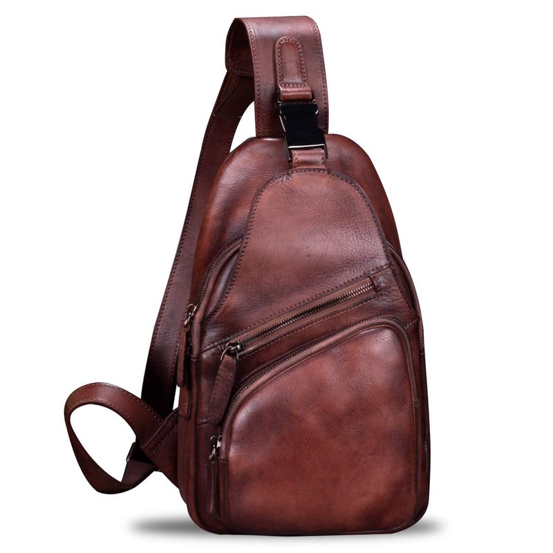IVTG Genuine Leather Sling Bag Chest Shoulder Hiking Backpack Vintage Handmade Crossbody Daypack (Coffee) One_Size - Image 2